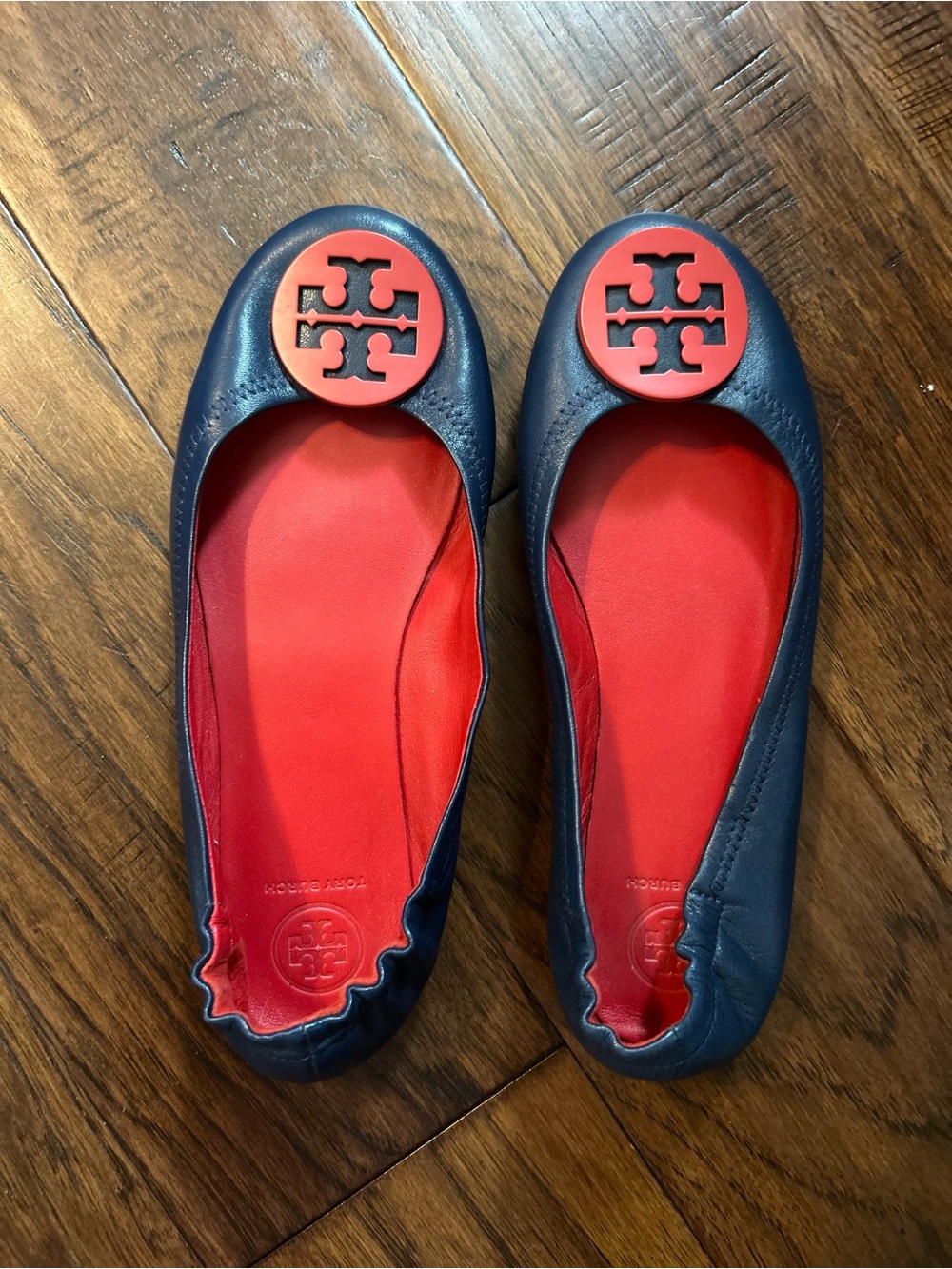 Tory Burch Navy Leather Reva Flats with Red Insole and Logo